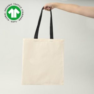 BOLSA DE ALGODÓN ORGÁNICO CERTIFICADO CON MANILLA NEGRA 42X38 CM